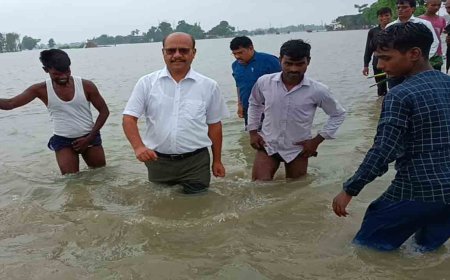 डीएम स्वयं उतरे 3 से 4 फीट गहरे पानी में कटे बंधे का स्थलीय सत्यापन करने